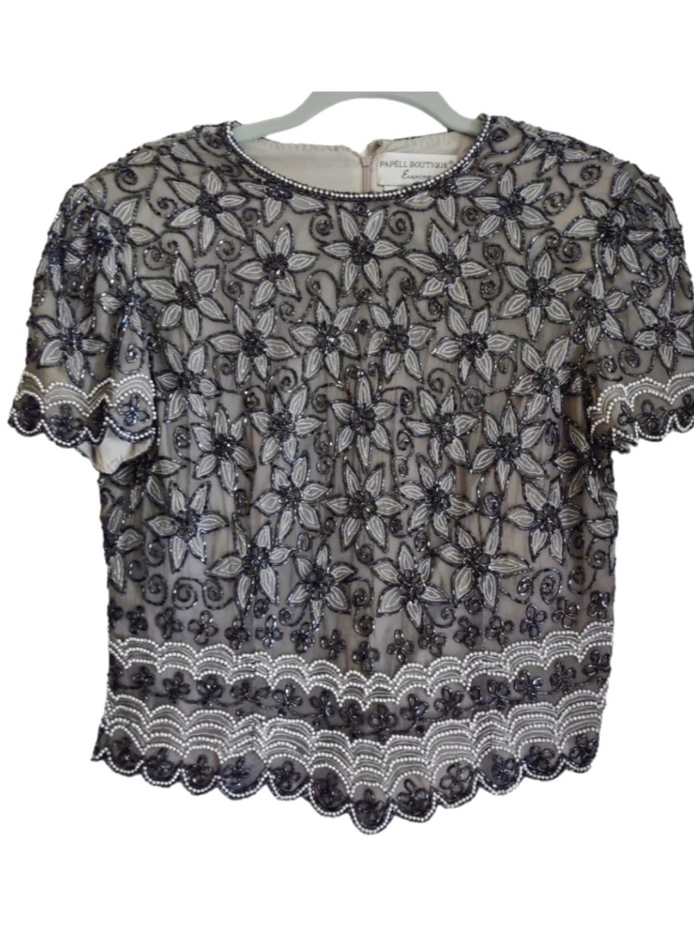 VTG Papell Boutique Beaded Silk Evening Top 90s Y2K Floral Gray Small